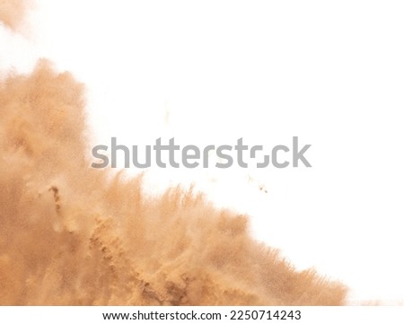 Blur Defocus image of Small Fine Sand flying explosion, Golden grain wave explode blow. Abstract sands cloud. Yellow colored sand splash up in Air. White background Isolated high speed shutter freeze Foto stock © 