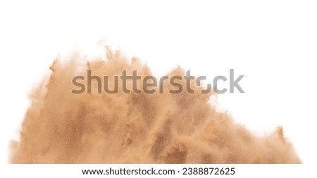 Blur Defocus image of Small Fine Sand flying explosion, Golden grain wave explode blow. Abstract sands cloud. Yellow colored sand splash up in Air. White background Isolated high speed shutter freeze