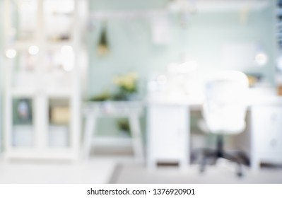 Blur Desk At Workplace Home Office Background With Bokeh Light.work At Home Lifestyle Backdrop.