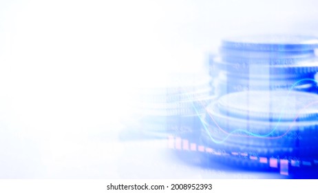 Blur Double exposure of light and stack of coins for finance and banking concept, coins stacked background, copy space for texting, blurred background.