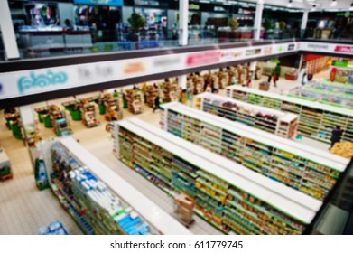 Blur Efect Of Aisle And Shelves Of Supermarket. View From Above.