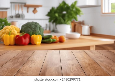 Blur an empty wooden table with fresh vegetables and spices to cook on the kitchen - area background for you to edit the product. - Powered by Shutterstock