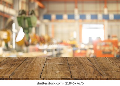 Blur Factory Heavy Industry With Wood Table Space For Products Advertising Montage Industrial Background