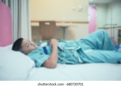 Blur Focus Of Asian Boy Wearing Sleep Apnea Diagnostic Medical Device Kit. Sleep Test Concept.