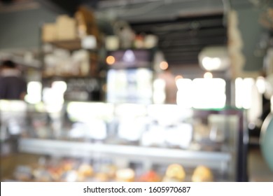 Blur Focus Of Cafe Shop & Restaurant Design Modern Loft Counter.Blur Focus Of Coffee Shop Bar Counter Cafe Restaurant Relaxation Concept.Empty Cafe Or Bar Interior