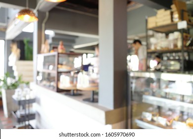 Blur Focus Of Cafe Shop & Restaurant Design Modern Loft Counter.Blur Focus Of Coffee Shop Bar Counter Cafe Restaurant Relaxation Concept.Empty Cafe Or Bar Interior