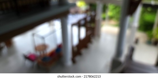 Blur Focus Of Lobby Hall Of Resort And Villa Thai Style.,wooden Column.wooden Stair.tropical Resort