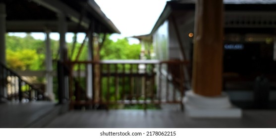 Blur Focus Of Lobby Hall Of Resort And Villa Thai Style.,wooden Column.wooden Stair.tropical Resort