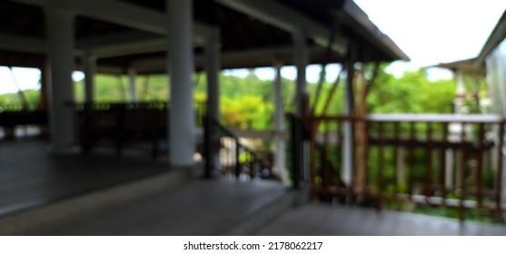 Blur Focus Of Lobby Hall Of Resort And Villa Thai Style.,wooden Column.wooden Stair.tropical Resort