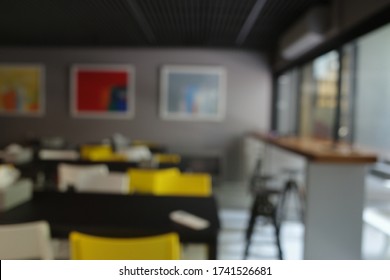 Blur Focus Of School Cafeteria.High School Canteen.Lunch Room.Colorful Bright Cafe.Interior Of A Modern Restaurant In Office Building