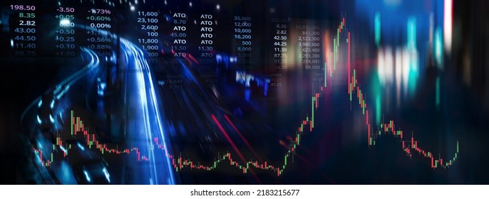 blur glowing colorful number and ticker graph of stock market business with blur motion red blue city night light banner background	
