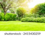 Blur green grass lawn in backyard garden landscaping with surrounding by tree and yard plant garden . with soft morning sunlight 