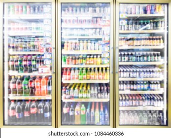 Blur Image Of Beverage Cooler In A Convenience Store.