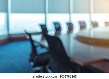 Blur Image Of Empty Boardroom With Window Cityscape Background. Business Concept