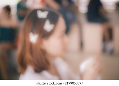 Blur Image Of Mall With Bokeh. Blurred Background : People In Coffee Shop Blur Background With Bokeh Light With Vintage Filter.