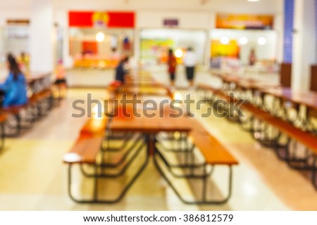 Blur image of restaurant or cafeteria delicious clean food in the Education University of Thailand and sun light. Abstract blur and defocused food court.