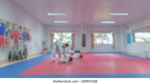 Blur Image Of Taekwondo Class With Teacher And Student For Background.