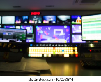 Blur Images Of Multiple Television Broadcast. In Master Control Room.