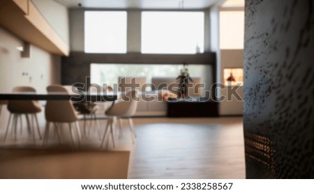 Blur interior of modern kitchen and living room, shallow depth of focus