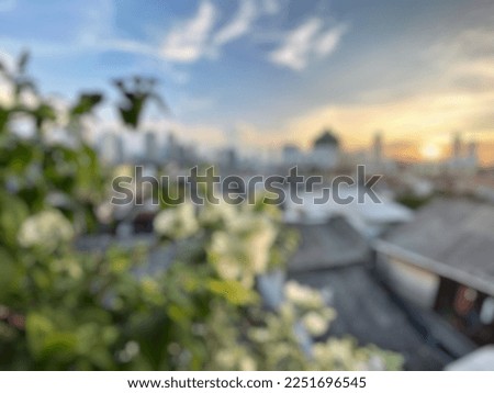 Blur landscape of flower, mosque and buildings at sunset time