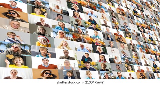 Blur Large LED Screen Show Many People's Faces Join Big Online Event Or Virtual Reality Live Conference. Big Video Call Seminar, Work From Home, Social Distancing, New Normal Event Production