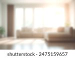 Blur living room at home with morning sunlight at big window for background usage. blur interior background concept. white, britht tone.