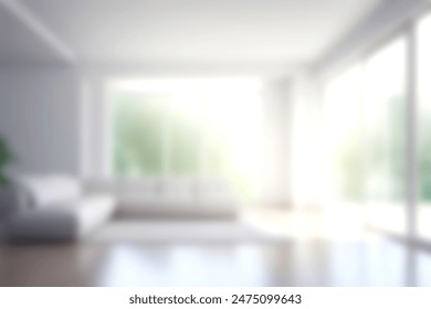 Blur living room at home with morning sunlight at big window for background usage. blur interior background concept. white, britht tone.