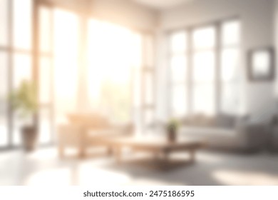 Blur living room at home with morning sunlight at big window for background usage. blur interior background concept. white, britht tone.