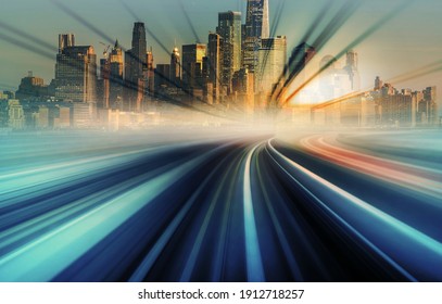 Blur Motion Moving From Japan Train Monorail Heading To New York Cityscape With Sunset Ray Background, United States, Automotive And Elevated Road, Innovation And Inspiration Concept