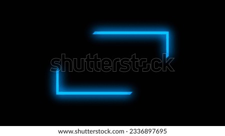Blur neon frame. Glowing background. Defocused blue color led light flare square angle corners design on dark black abstract geometric empty space.