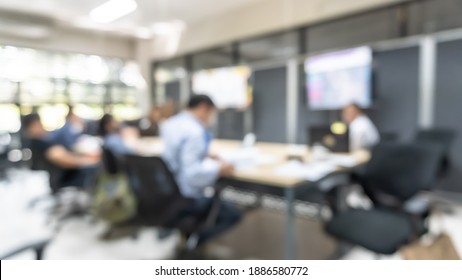 Blur Office Meeting Blurred Background With Business People Working Group In Boardroom Discussion For Teamwork Brainstorming, Executive Seminar Or Professional Training In Small Startup Enterprise