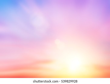 The Blur Pastels Gradient Sunset Background On Soft Nature Sunrise Peaceful Morning Beach Outdoor. Heavenly Mind View At A Resort Deck Touching Sunshine, Sky Summer Clouds.