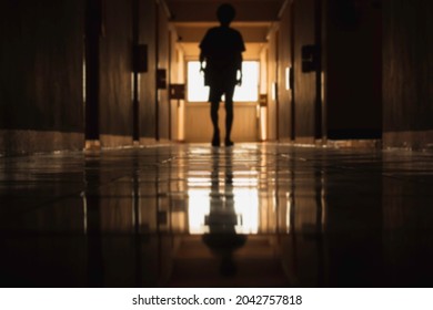 Blur Pathway In Dormitory Or Condominium And Reflection With The Soft Light. Blur Long Dark Hallway