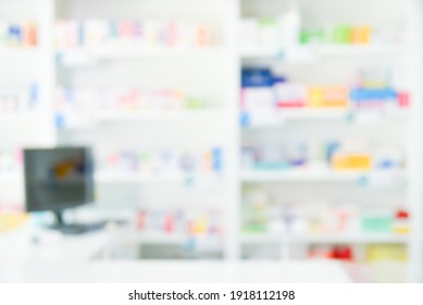 Blur pharmacy drugstore abstract background with medicine and healthcare product on shelves.
