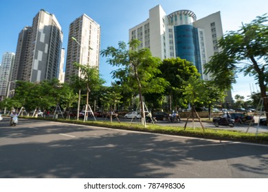 Blur Road And Buildings At Hanoi City. Hoang Dao Thuy Street