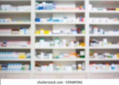 Blur Shelves Of Drugs In The Pharmacy Shop