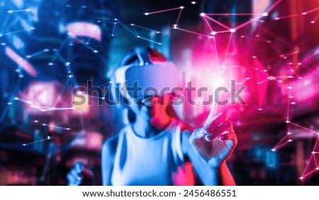Blur of smart female stand in cyberpunk style building in meta wear VR headset connecting metaverse, future cyberspace community technology, Woman use index finger touch virtual object. Hallucination.