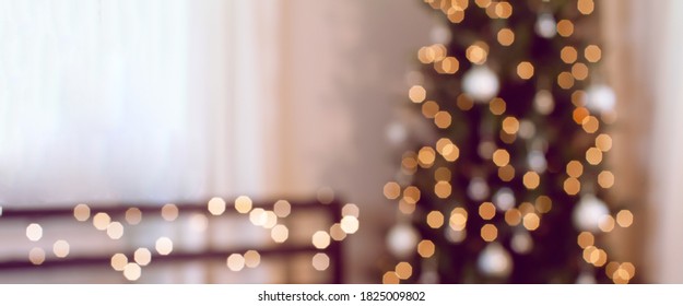 Blur, soft focus decorated Christmas tree. Bokeh - Shutterstock ID 1825009802