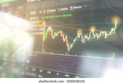 Blur Soft Focus Screen Of Stock, Crypto Currency Market Graph Chart Growth Running To High For Data Analysis Business Concept, Double Layer With Book Bank And Money Coin