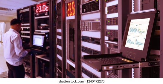 blur System administrator in a technology data center room and selective focus at monitor show graph information of network traffic and status of device