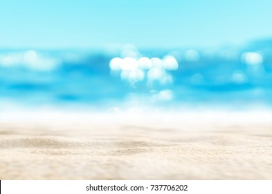 Blur Tropical Beach With Bokeh Sun Light Wave Abstract Background. Copy Space Of Outdoor Summer Vacation And Travel Adventure Concept. Vintage Tone Filter Effect Color Style.