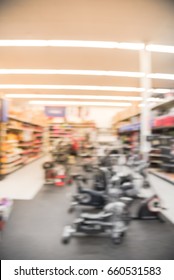 Blur Variety Of Fitness Equipment On Display At Sporting Goods Store In Houston, Texas, US. Defocused Pile Of Dumbbells, Weight, Strength Training, Stepper, Cardio Machines, Gym Room Facility Service