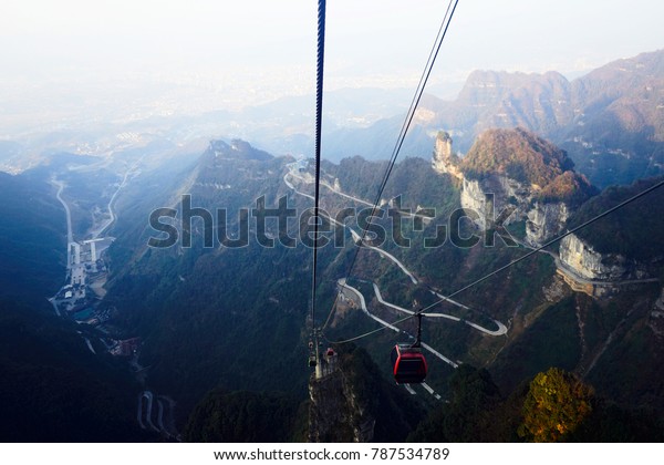 Blur view from\
cable car, Zhangjiajie,\
China