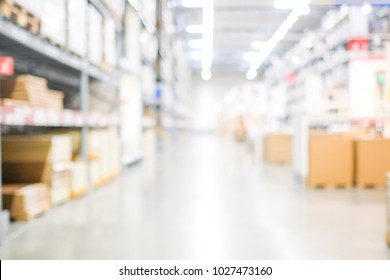 Blur Warehouse Background, Blurred Store Factory, Industry Warehouse Space And Hardware Box For Delivery With Bokeh Light Background, Business Logistic Distribution Storage Cargo Concept