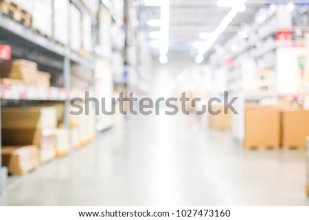 Blur warehouse background, Blurred store factory, industry warehouse space and hardware box for delivery with bokeh light background, business logistic distribution storage cargo concept