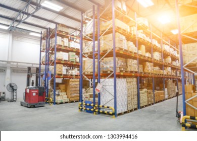 Blur Warehouse inventory product stock for logistic background, Long shelves with a variety of boxes (Lights background)