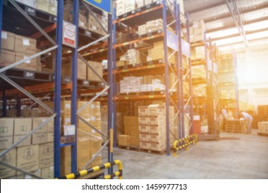 Blur Warehouse Inventory Product Stock For Logistic Background, Long Shelves With A Variety Of Boxes (Lights Background)