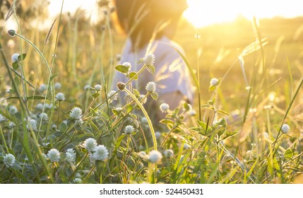 Blur woman sitting in a field grass in the evening.
