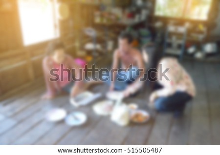 Blured Rural Asian people eat rice breakfast with sunlight effect