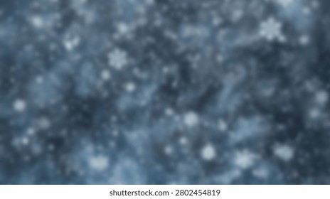 A blurred abstract background featuring falling snowflakes and soft bokeh lights, evoking a wintery atmosphere.